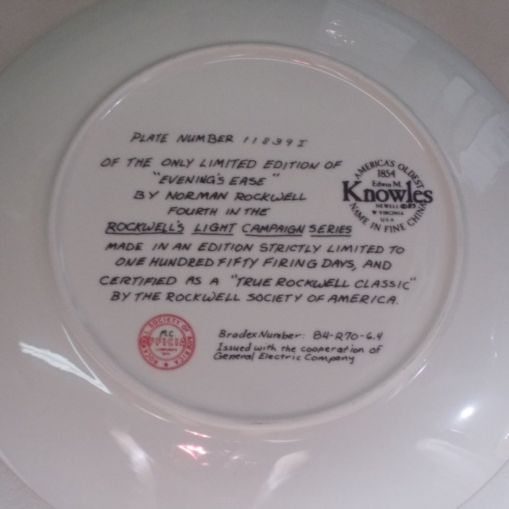 Vintage Norman Rockwell  Plate # 11839I "Evening's Ease" A true Rockwell Classic - Picture 5 of 5